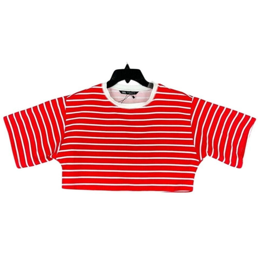 ZARA Shirt Womens Large Red Striped Cropped Stretch Short‎ Sleeved Cotton Blend